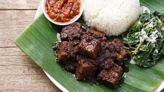 Beef rendang on banana leaf with rice sambal and cassava leaves