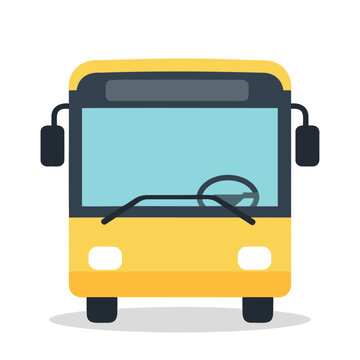 A simplified yellow bus faces forward with a light blue windshield and black details.