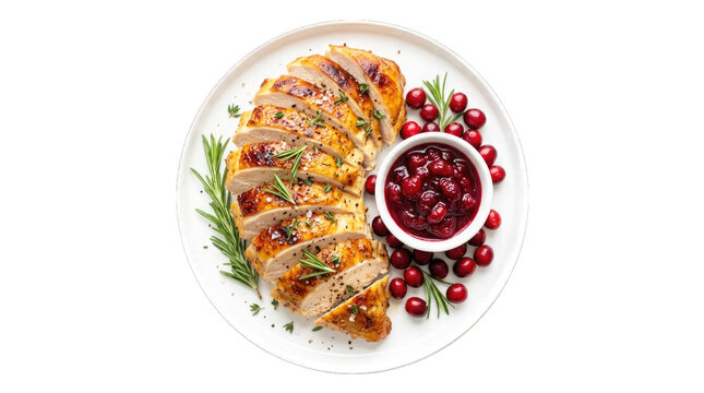 Sliced roasted turkey breast with cranberry sauce and fresh rosemary isolated on transparent background