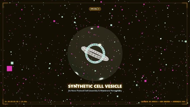Synthetic cell vesicle scientific animation, microscopic biological structure in dark space, laboratory research data visualization
