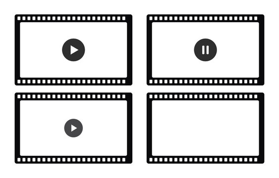 Set of film strip frames with play and pause icons isolated on transparent background