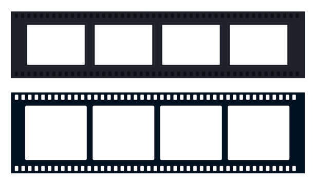 Two horizontal film strips with empty frames isolated on transparent background