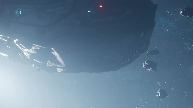 A spaceship moves carefully through a field of asteroids in deep space. Bright stars shine in the background, creating a scene of exploration and adventure.