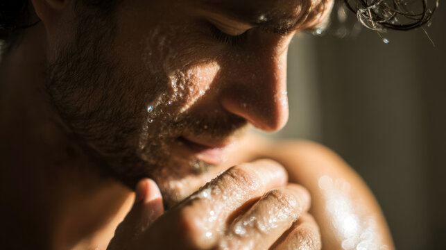 Close-up of a male model with wet skin and water droplets on his shoulder, showcasing facial features and expression in soft natural lighting