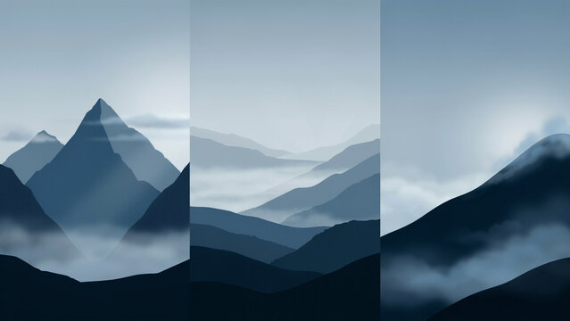 Serene mountain landscape panels with blue haze and soft clouds in a minimalist style