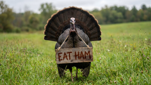 A funny wild turkey standing in a green field wearing a sign that says eat ham for the upcoming thanksgiving holiday