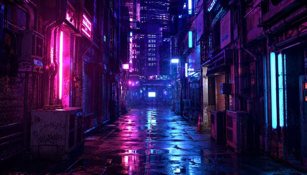 Neon cyberpunk alley with wet pavement at night