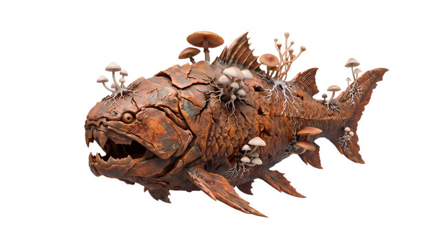Surreal Prehistoric Armored Fish Sculpture with Growing Mushrooms | Fantasy Creature Art