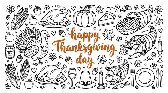Hand drawn doodle background for thanksgiving day with festive food icons and elegant orange calligraphy lettering in center