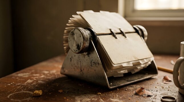 Vintage metal rotary desk calendar file with blank stained cards on a messy wooden desk.
