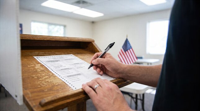 Voter marking ballot at American polling booth
