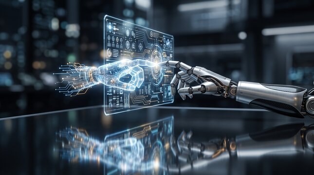Robotic hand and digital interface interaction with futuristic technology and data visualization