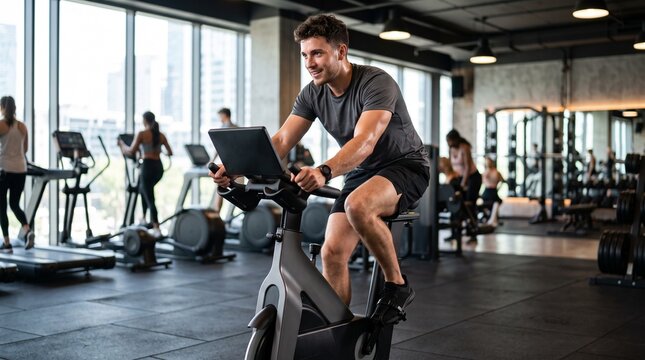 Fit man cycling on stationary bike in modern gym with other people exercising in background