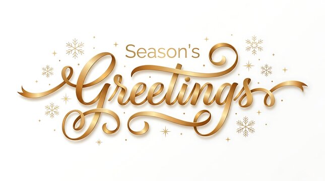 Elegant golden seasons greetings calligraphy text with decorative swirls isolated on a clean white background for holiday design