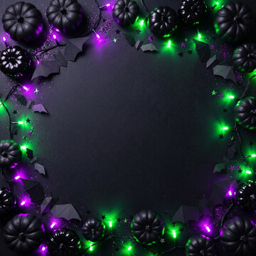 Spooky halloween black pumpkin wreath border with green and purple glowing neon fairy lights.