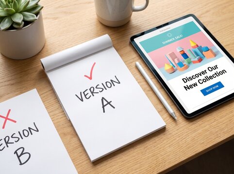 A Wooden Desk Setup Featuring Paper Pads Labeled Version A And Version B Alongside A Tablet Displaying A Promotional Advertisement For A B Testing Digital Content