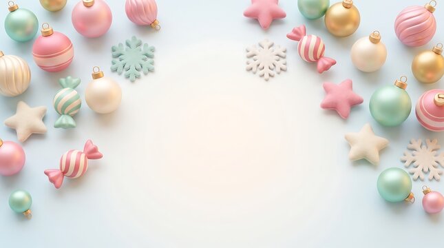 Pastel christmas ornaments, pink and blue baubles, candy shapes, and snowflakes arranged on a light blue background, with copy space area