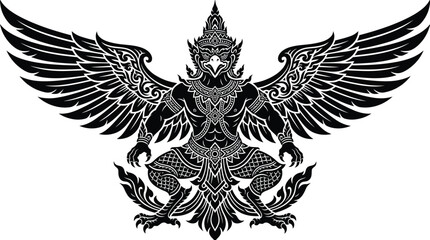 Fototapeta premium Garuda vector illustration featuring intricate traditional Thai ornamental details with sharp wings and bold black lines