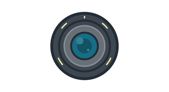 Camera lens illustration features concentric circles and a teal central iris