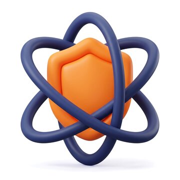3D atomic structure icon with a security shield symbol inside science icon atom model 3D illustration