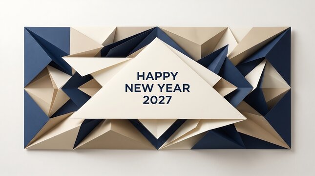 Geometric paper sculpture with folded triangles in navy blue and cream colors featuring happy new year 2027 text in the center
