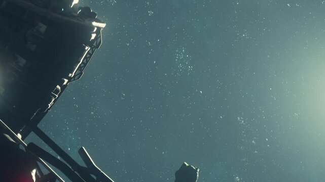 A space station is seen floating in deep space. An asteroid moves past the structure. Stars twinkle in the background. This moment captures a busy scene beyond Earth.