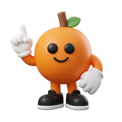 Fototapeta premium Cute orange cartoon character with pointing finger gesture 3D mascot fruit mascot funny character vitamin