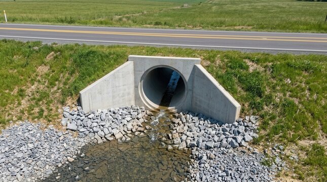 Medium shot of a culvert placement beneath a rural roadway for safe water passage and site drainage efficiency.