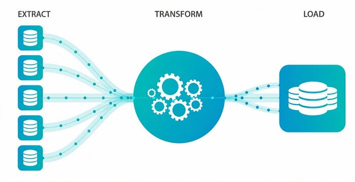 Data pipeline diagram showing extract transform load process with gears icon