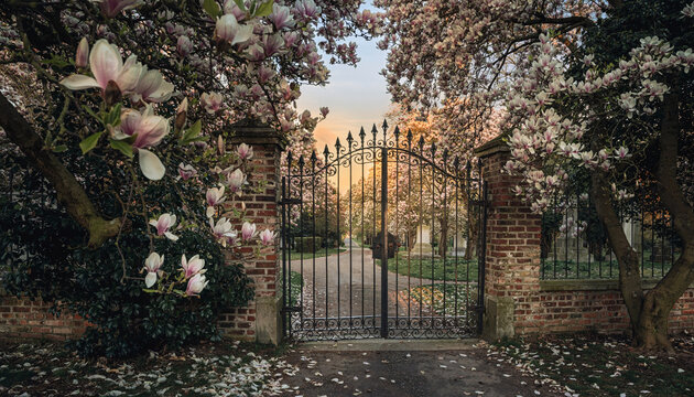 A wrought iron gate flanked by blooming trees and brick pillars.