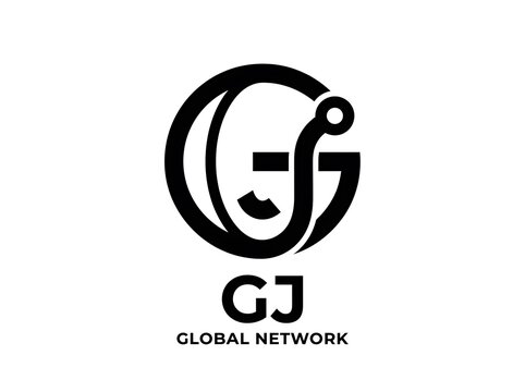 Minimalist GJ Global Network logo, black circular monogram on white background, professional corporate branding identity design