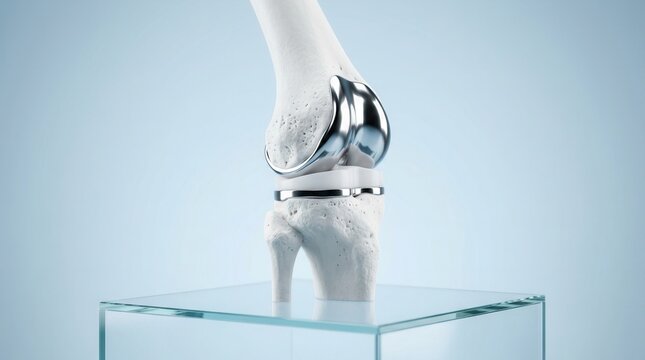 Titanium orthopedic knee joint replacement implant connected to skeleton leg bones on a transparent glass display stand