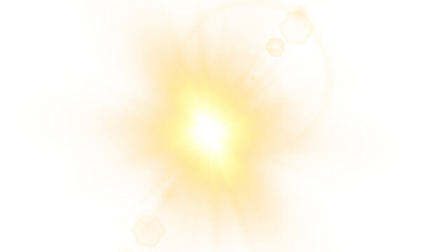 Light sun lens flare graphic with warm orange glowing center, circular rays, and yellow halo on transparent background.