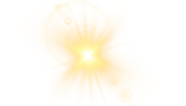 Glowing sun light burst icon with warm orange yellow lens flare rays and soft translucent glow, layered petals shape isolated on transparent background.