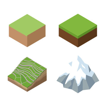 Isometric Terrain Tiles Set Featuring Grass Land Blocks and Mountain Peaks for Game Design and Virtual World Map Building
