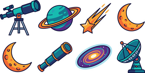 Astronomy and space exploration elements set featuring telescope planet shooting star crescent moon galaxy vector illustration © Mina journal!