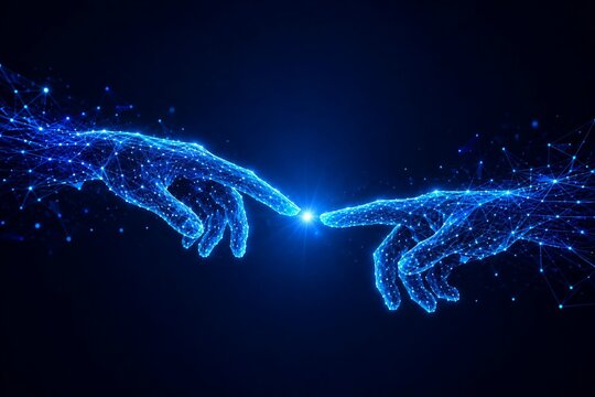 Digital illustration of two glowing hands touching fingertips against starry space background
