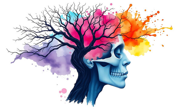 Abstract surreal artwork depicting a human skull merged with a bare tree and colorful watercolor splashes representing thought
