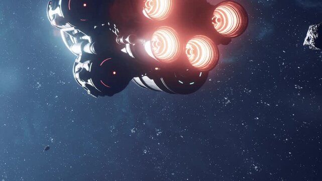 A rocket engine lights up in the dark expanse of space. Nearby, various asteroids float silently. The scene captures the vastness and mystery of the cosmos.