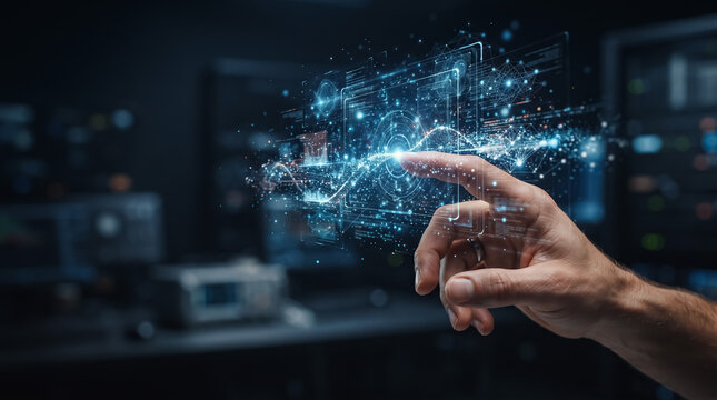 Human hand interacting with glowing blue digital data interface featuring complex holographic network patterns and cinematic lighting effects captured in high definition for advanced futuristic techno