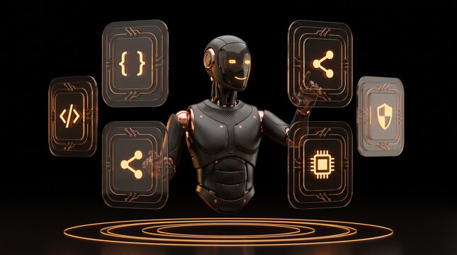 Futuristic robot with glowing icons representing coding and technology concepts in a dark background