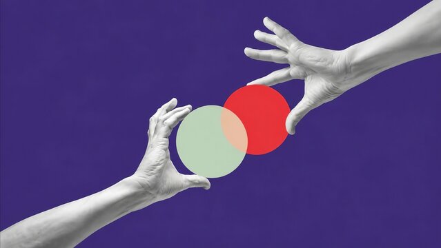 Two hands reaching for overlapping colored circles in purple background