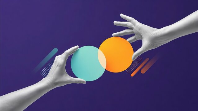 Two hands exchanging colorful overlapping spheres in a purple gradient background