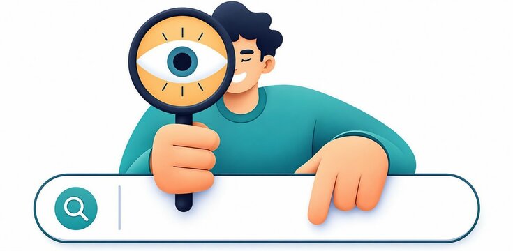 Person examining eye with magnifying glass over search bar