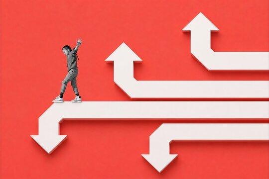 Person choosing between upward and downward arrows on red background