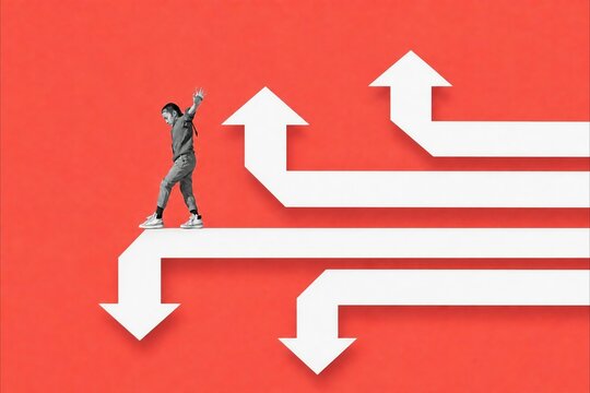 Person choosing between upward and downward paths on red background
