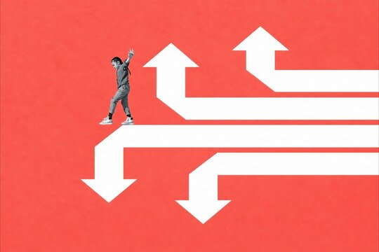 Person choosing between upward and downward paths on colorful background