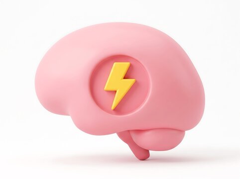 3D render of a pink human brain icon with a yellow lightning bolt 3D render white background intelligence