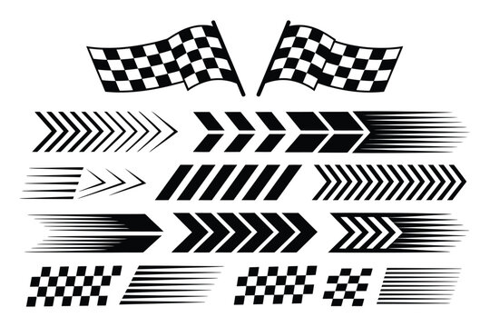 Racing car stripes with checkered flag patterns, speed lines, finish symbols, and motocross lettering for automotive racing graphics