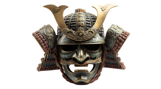 Traditional Japanese samurai kabuto helmet with menacing mempo face mask and ornate horns
